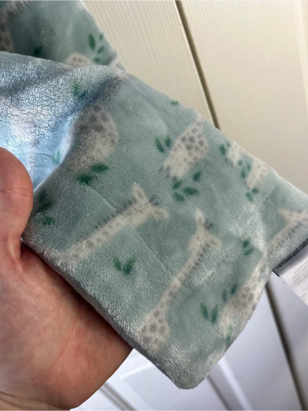 Cupcakes and Cashmere Green Giraffe Baby Blanket Gray Off White Leaves